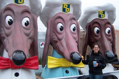[Melissa with the dogs outside the Life Size Mouse Trap]